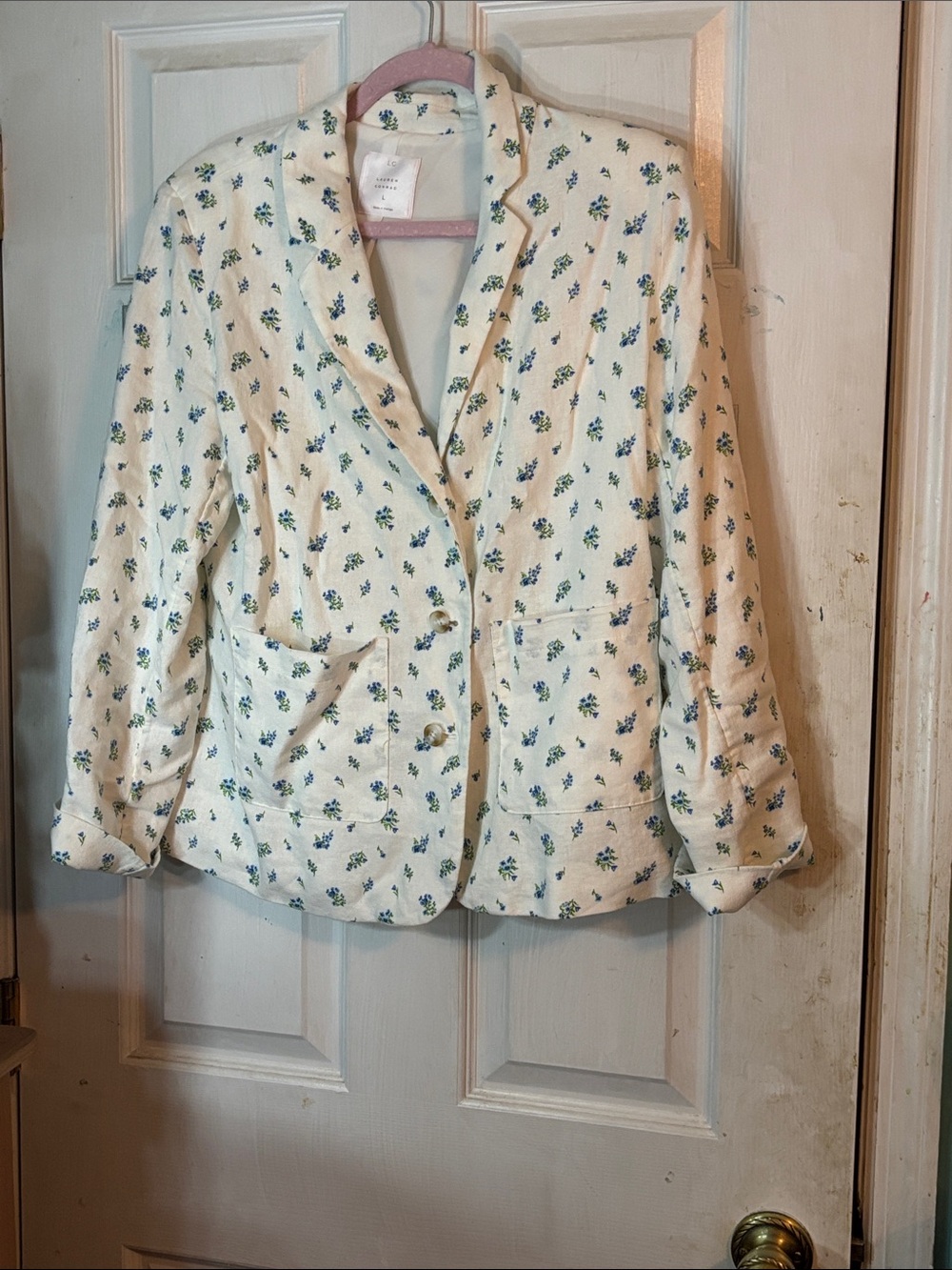 LC Lauren Conrad Cream Blazer with Blue-Green Floral Print Size Large